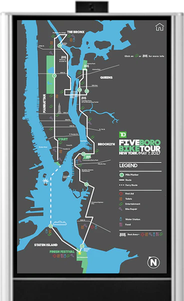 Five Boro Bike Tour Map on digital kiosk